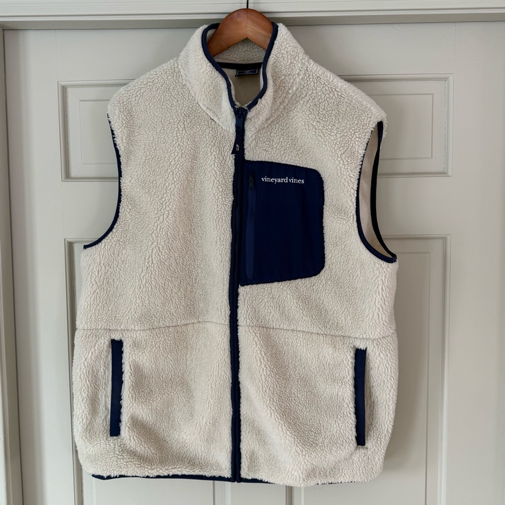 Vineyard Vines Sherpa Fleece Vest XL Cream Navy Full Zip Whale Logo